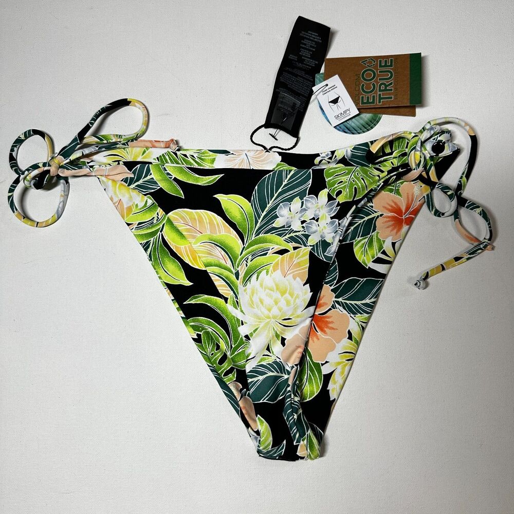 Volcom Shady Swim‎ Bikini Bottom Floral L Green Beach Side Tie Skimpy Coverage